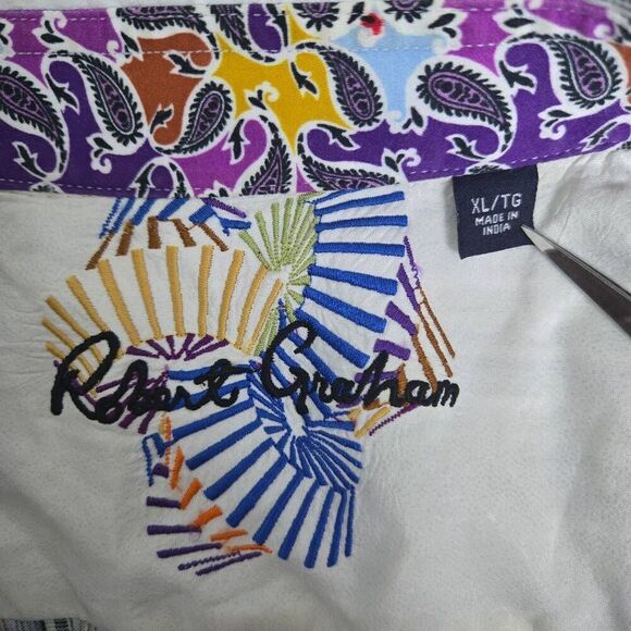 Robert Graham Mens Button Up Shirt Sz XL Purple Striped Flip Cuff Preppy Career - Picture 6 of 8
